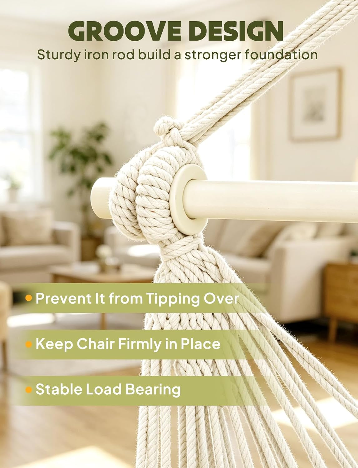 Hammock Chair Max 500 Lbs 2 Cushions Spreader Bar Strap Carabiner | Collapsible Metal Rod with Anti-Slip Grooves Portable Hanging Swing Side Pocket Macrame Bohemian Chair Indoor Outdoor Graden