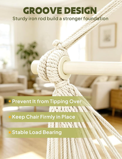Hammock Chair Max 500 Lbs 2 Cushions Spreader Bar Strap Carabiner | Collapsible Metal Rod with Anti-Slip Grooves Portable Hanging Swing Side Pocket Macrame Bohemian Chair Indoor Outdoor Graden