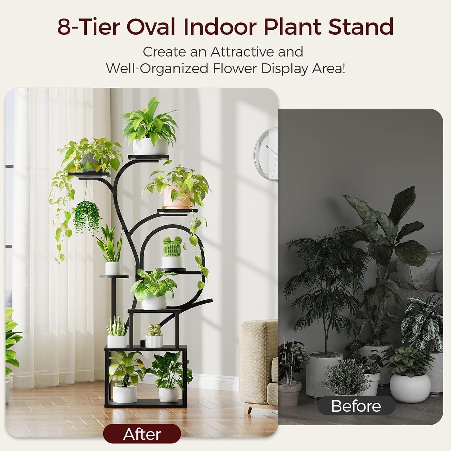 Plant Stand Indoor with Grow Lights - 60" Tall Plant Shelf, Indoor Plant Lighting Stands, 8 Tiered Flower Holder, S-Shaped Decorative Rack for Living Room, Balcony, Patio, Black PSBK170E01