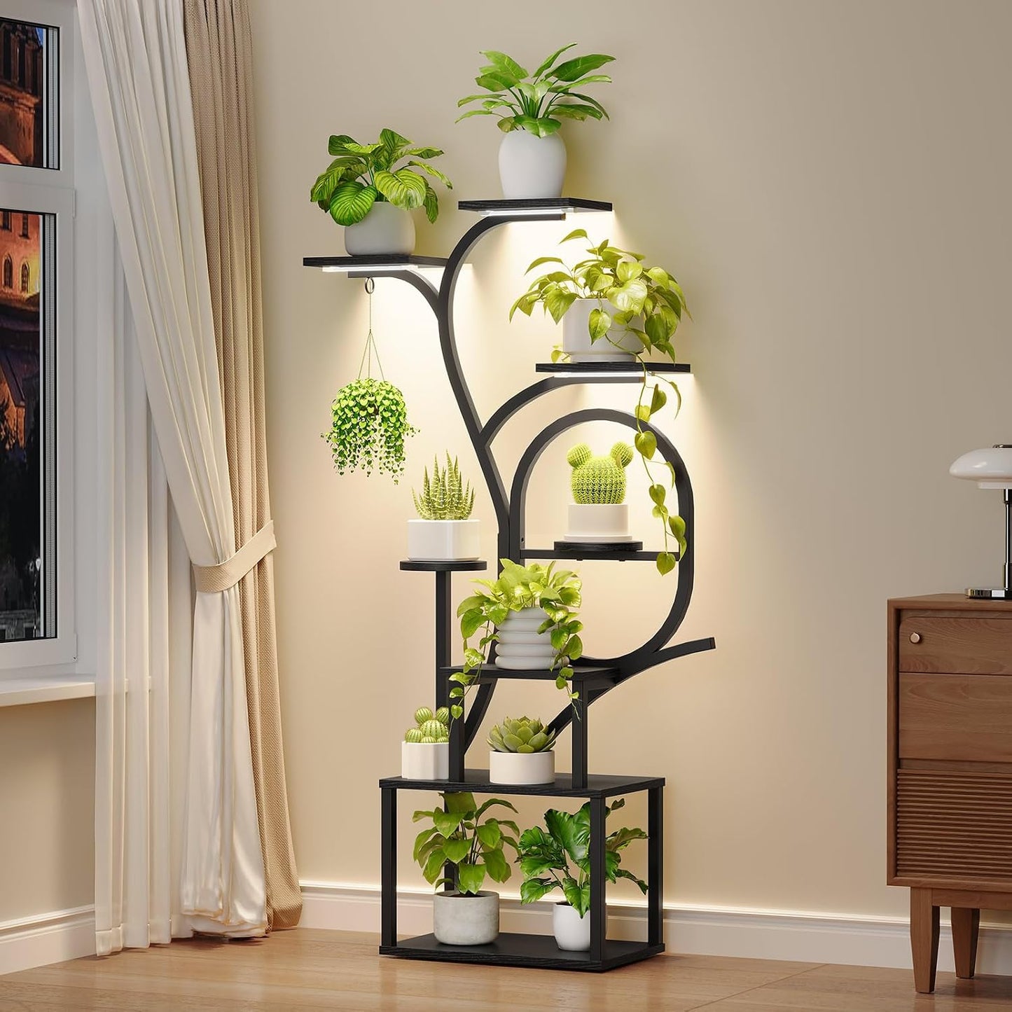 Plant Stand Indoor with Grow Lights - 60" Tall Plant Shelf, Indoor Plant Lighting Stands, 8 Tiered Flower Holder, S-Shaped Decorative Rack for Living Room, Balcony, Patio, Black PSBK170E01