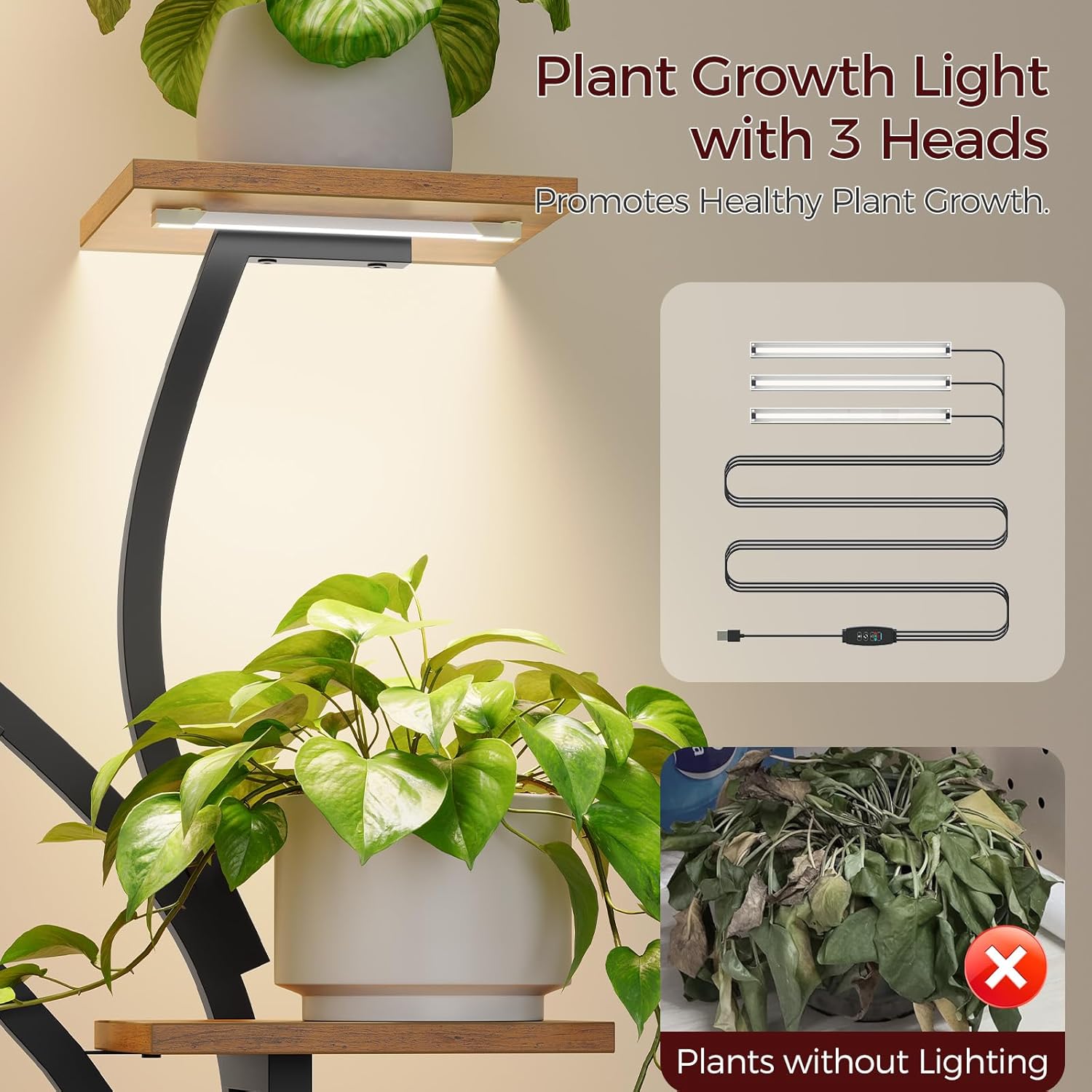 Plant Stand Indoor with Grow Lights - 60" Tall Plant Shelf, Indoor Plant Lighting Stands, 8 Tiered Flower Holder, S-Shaped Decorative Rack for Living Room, Balcony, Patio, Black PSBK170E01