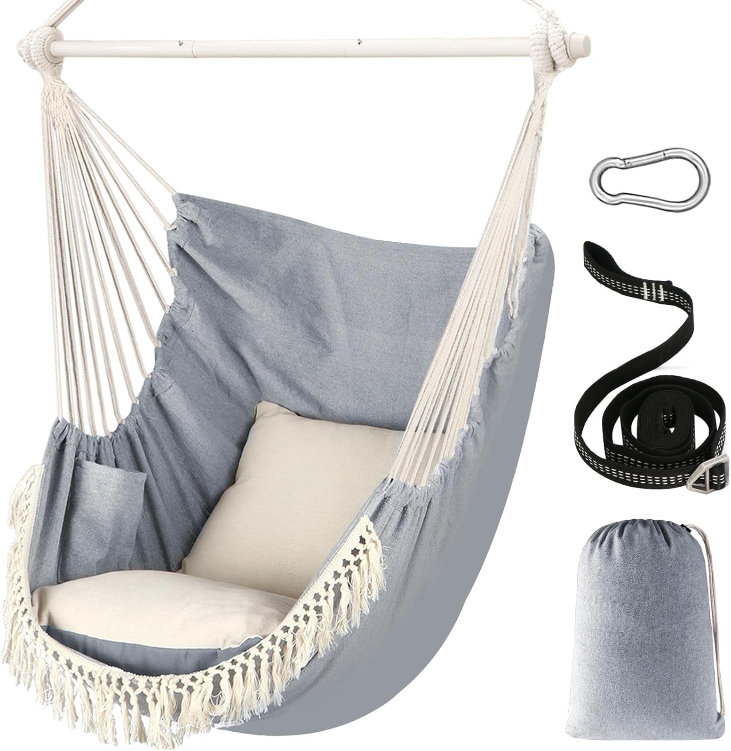 Hammock Chair Max 500 Lbs 2 Cushions Spreader Bar Strap Carabiner | Collapsible Metal Rod with Anti-Slip Grooves Portable Hanging Swing Side Pocket Macrame Bohemian Chair Indoor Outdoor Graden
