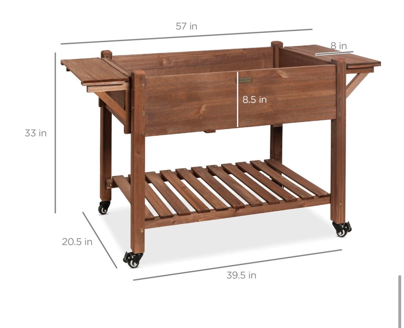 Mobile Raised Garden Bed Elevated Wood Planter Box W/ Folding Side Tables - Brown
