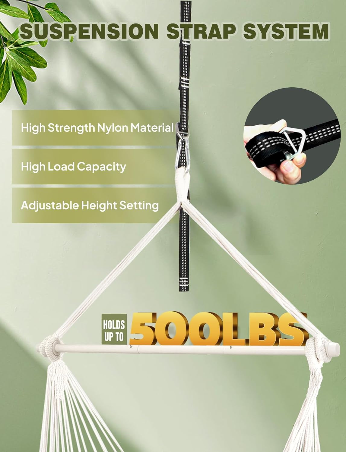 Hammock Chair Max 500 Lbs 2 Cushions Spreader Bar Strap Carabiner | Collapsible Metal Rod with Anti-Slip Grooves Portable Hanging Swing Side Pocket Macrame Bohemian Chair Indoor Outdoor Graden