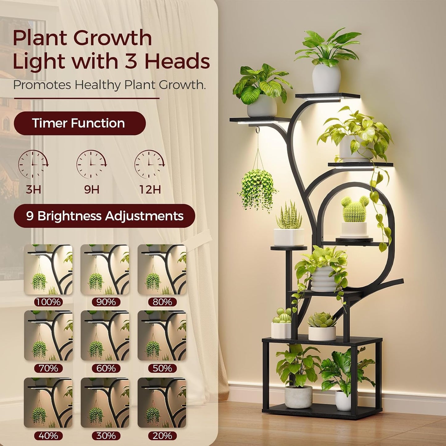 Plant Stand Indoor with Grow Lights - 60" Tall Plant Shelf, Indoor Plant Lighting Stands, 8 Tiered Flower Holder, S-Shaped Decorative Rack for Living Room, Balcony, Patio, Black PSBK170E01