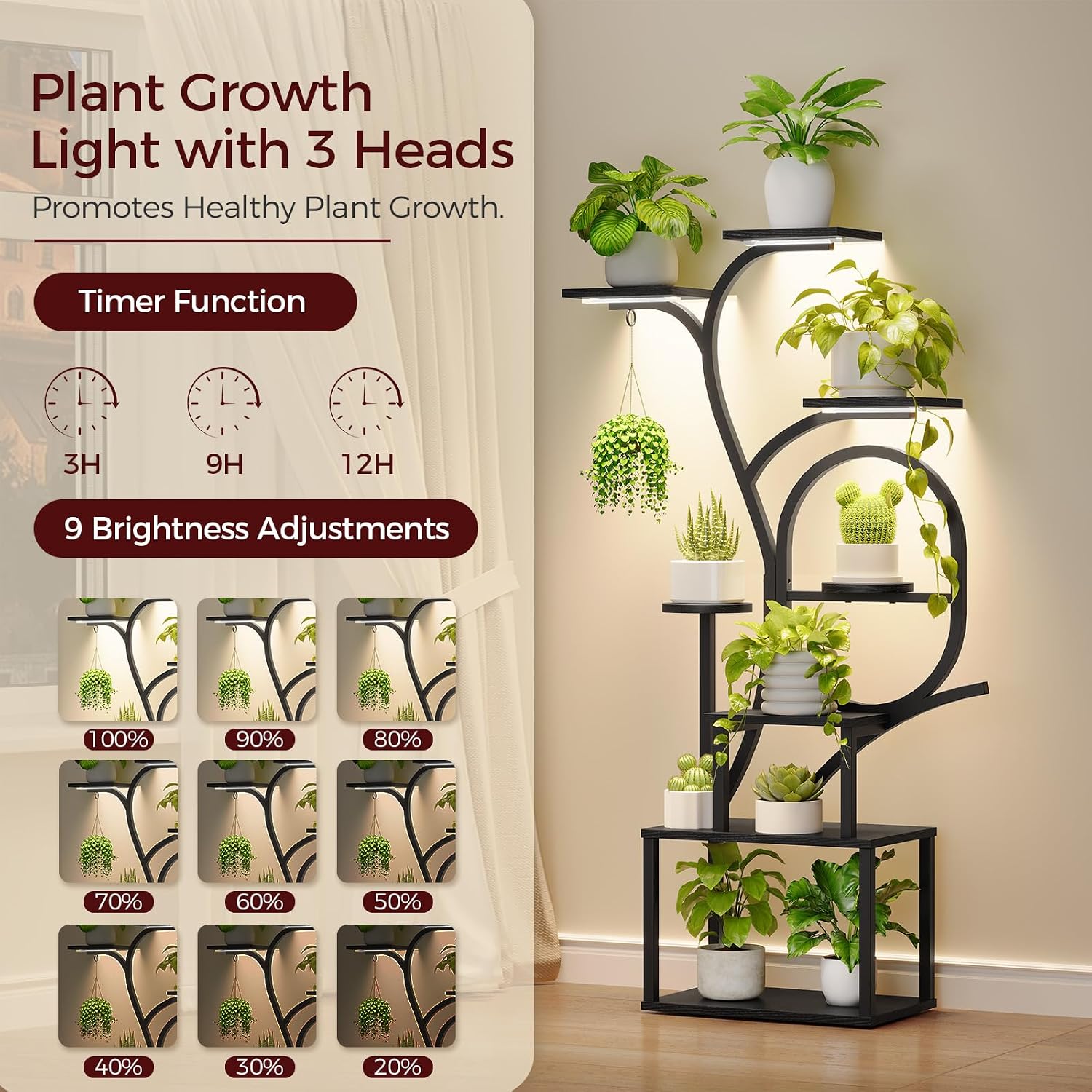 Plant Stand Indoor with Grow Lights - 60" Tall Plant Shelf, Indoor Plant Lighting Stands, 8 Tiered Flower Holder, S-Shaped Decorative Rack for Living Room, Balcony, Patio, Black PSBK170E01