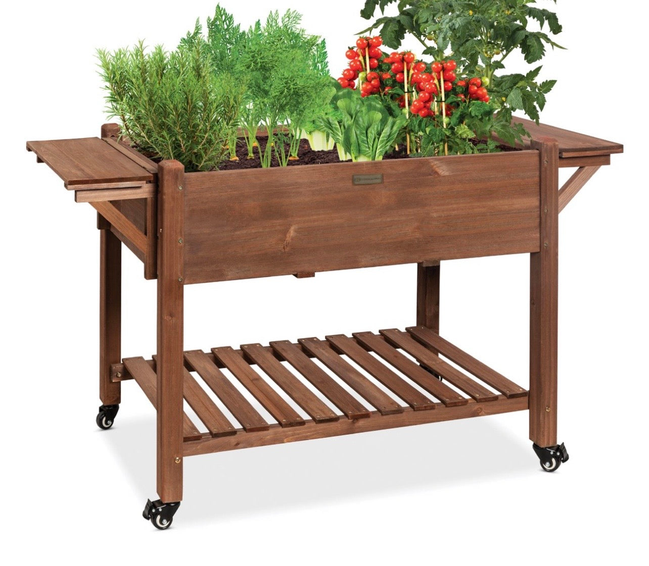 Mobile Raised Garden Bed Elevated Wood Planter Box W/ Folding Side Tables - Brown
