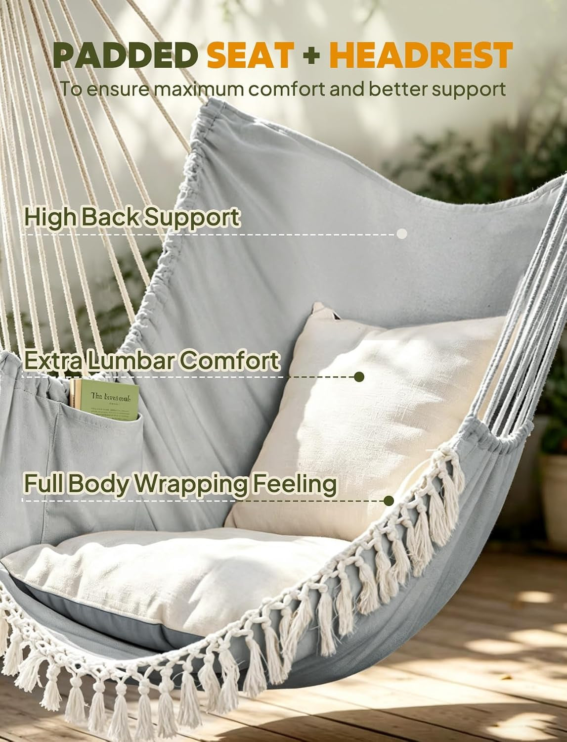 Hammock Chair Max 500 Lbs 2 Cushions Spreader Bar Strap Carabiner | Collapsible Metal Rod with Anti-Slip Grooves Portable Hanging Swing Side Pocket Macrame Bohemian Chair Indoor Outdoor Graden