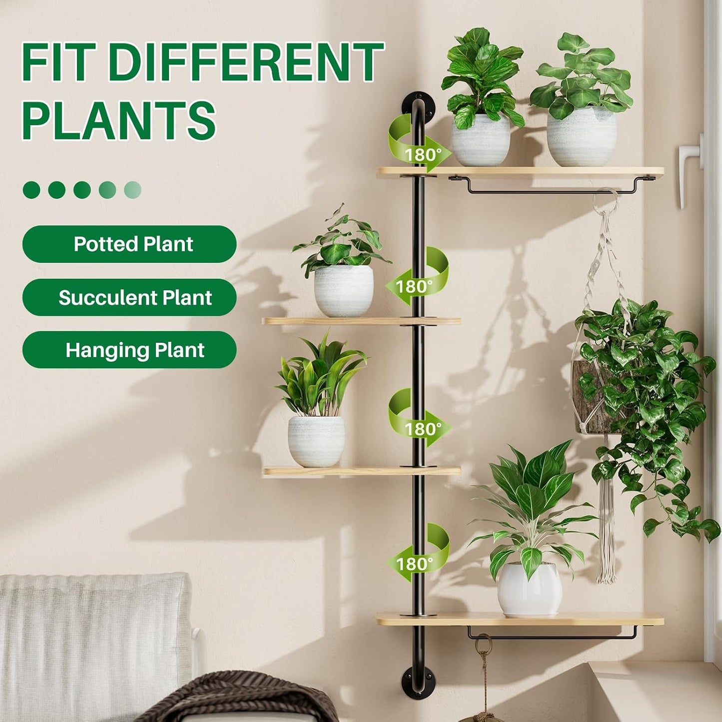 4-Tier Window Plant Shelves, Rotating Wall Mounted Plant Shelf | Wall Mounted Indoor Hanging Plants Shelf & Window Sill Plant Shelf. Perfect Multi-Functional Holder for Flower Pots