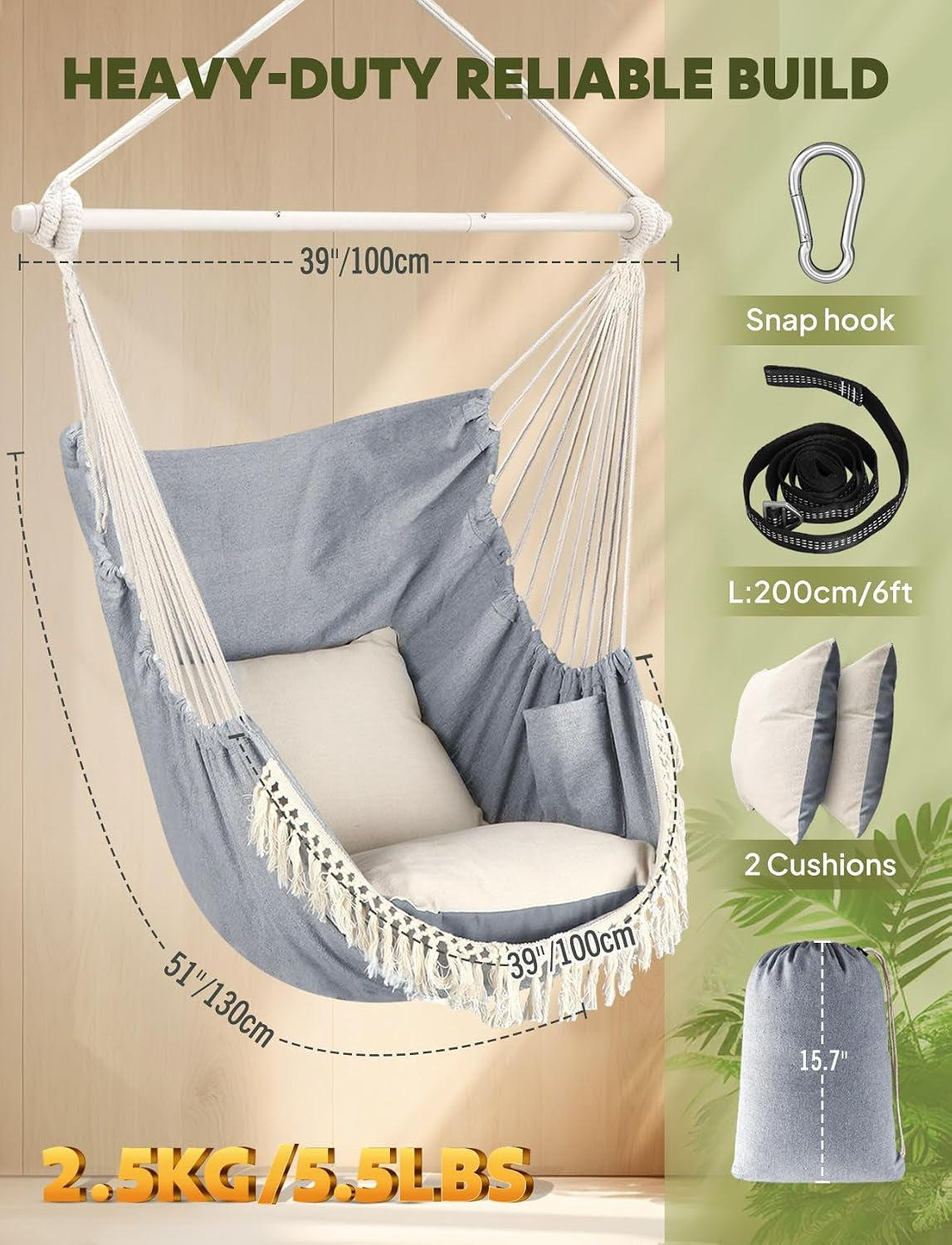 Hammock Chair Max 500 Lbs 2 Cushions Spreader Bar Strap Carabiner | Collapsible Metal Rod with Anti-Slip Grooves Portable Hanging Swing Side Pocket Macrame Bohemian Chair Indoor Outdoor Graden